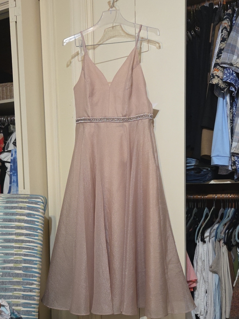 Nicole Miller Pale Beige Shimmer Beaded-Waist Midi Dress